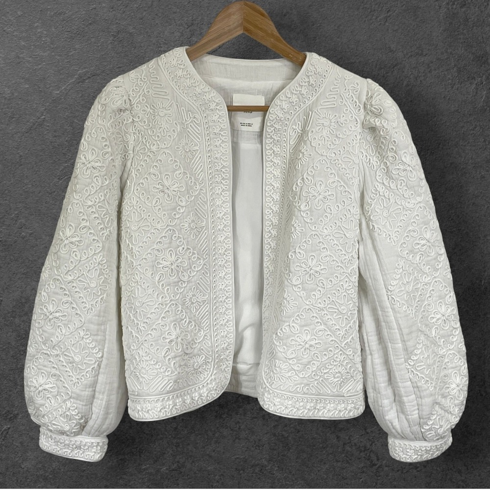 Mango MNG White Cotton Embroidered Balloon Sleeve Open Front Jacket Boho Size M